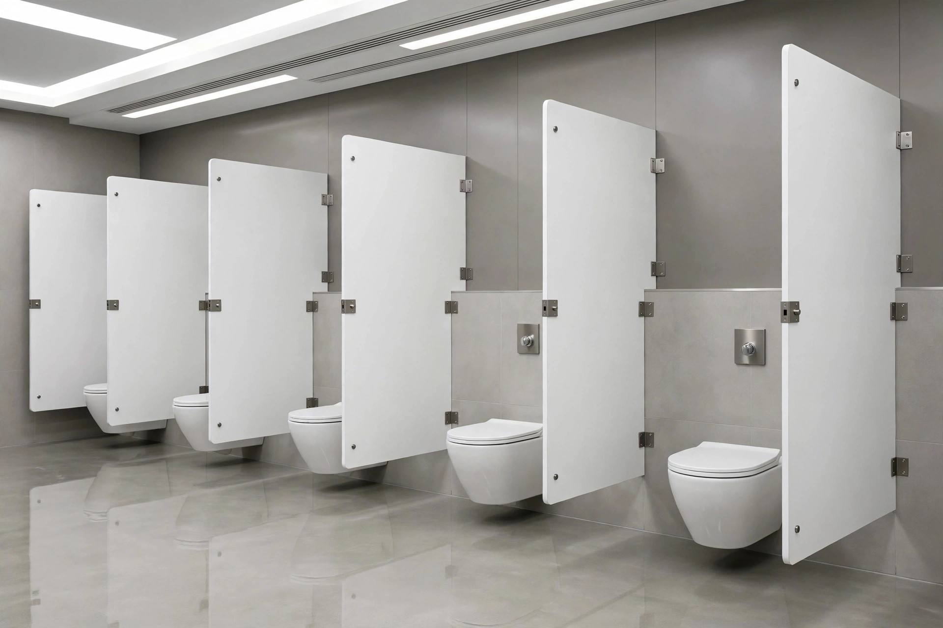 Row of commercial toilets in a clean public restroom in Arcadia, CA