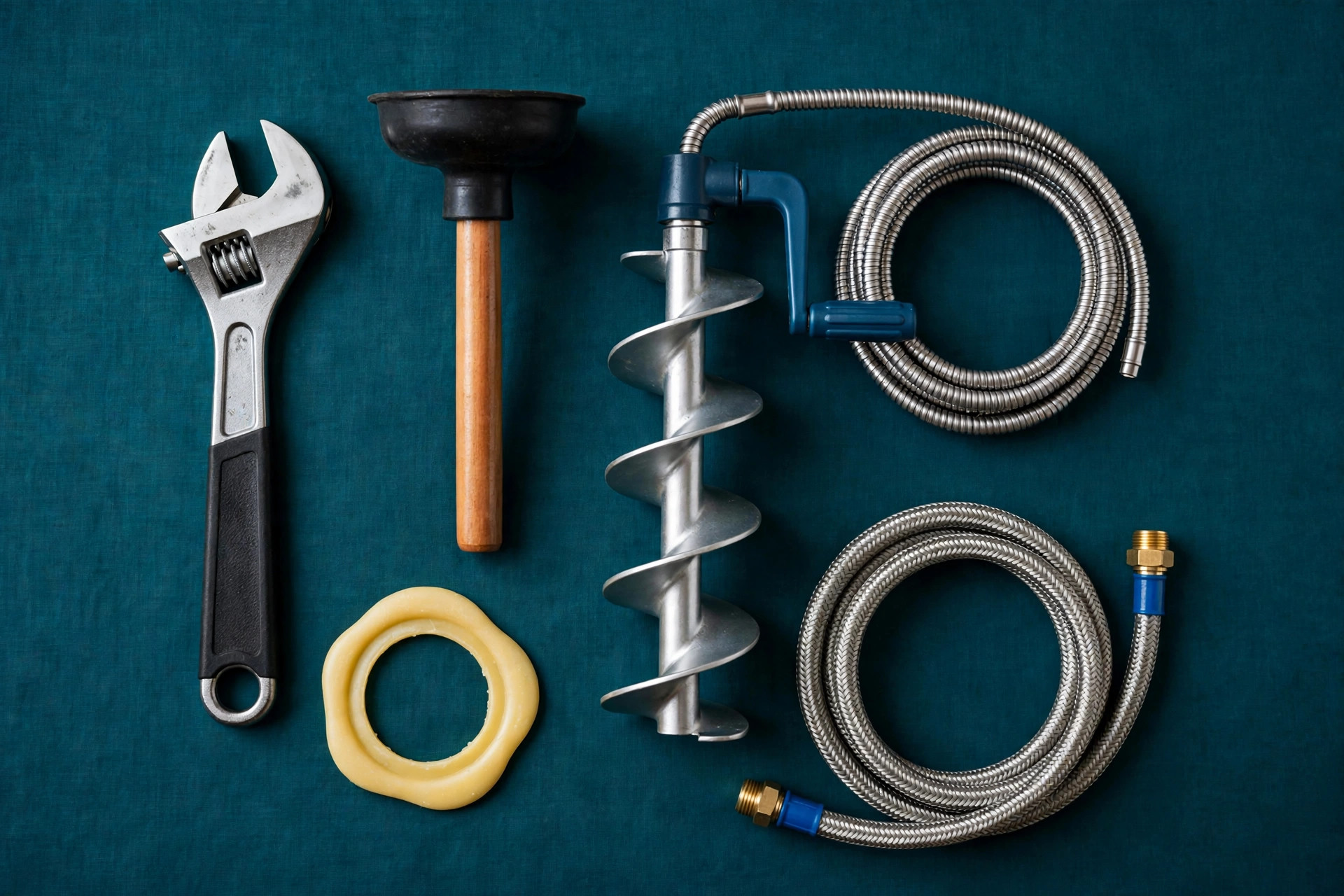 Plumbing tools for toilet repair: wrench, plunger, auger, wax ring and supply hose